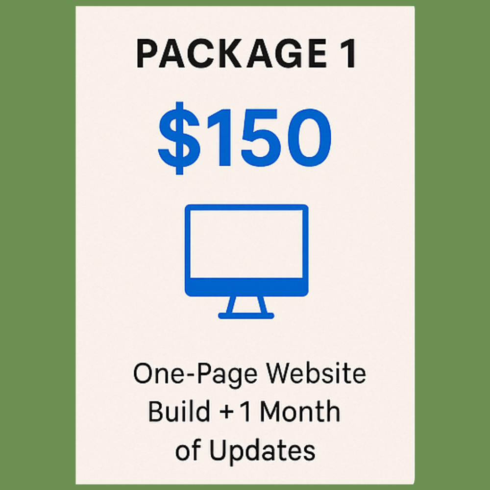 Website Package 1 – One Page + 1 Month Updates